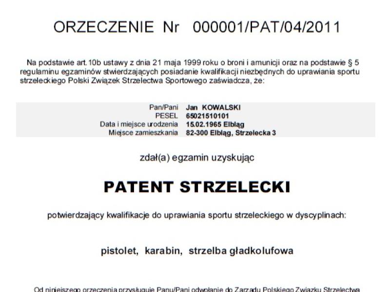 Patent Strzelecki :: Centralny Wojskowy Klub Sportowy LEGIA Warszawa - Sekcja Strzelecka